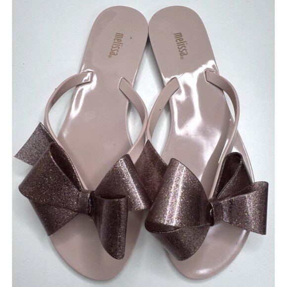 Melissa Women's Rubber Pink Bow Glitter Flip Flops Size 9 - Picture 1 of 12
